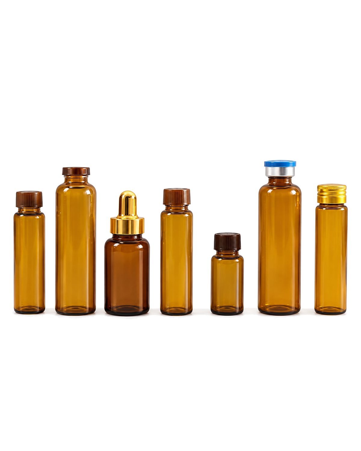 Maven amber glass vials with screw caps, crimp seals and a gold dropper