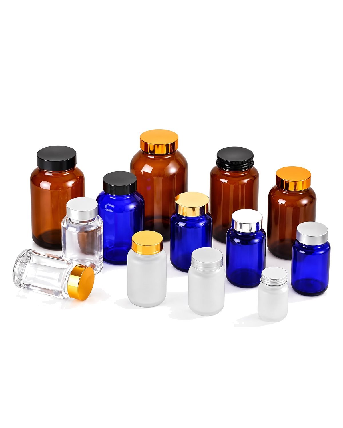 Maven amber, cobalt blue, clear and frosted supplement bottles with screw caps