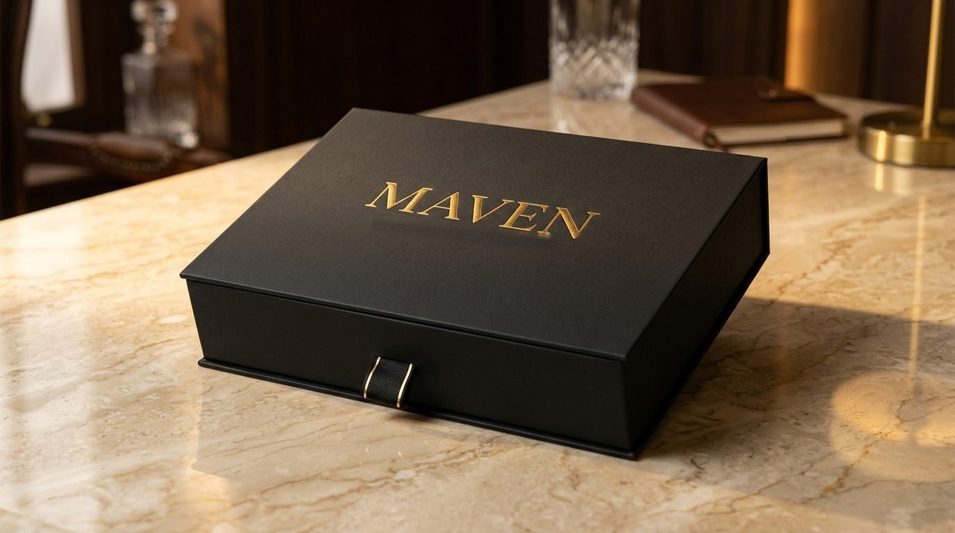 Black rigid gift box with gold foil Maven logo