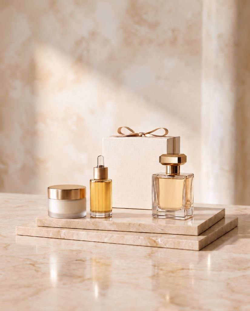 Perfume bottle, serum bottle and cream jar with a ribboned gift box on travertine