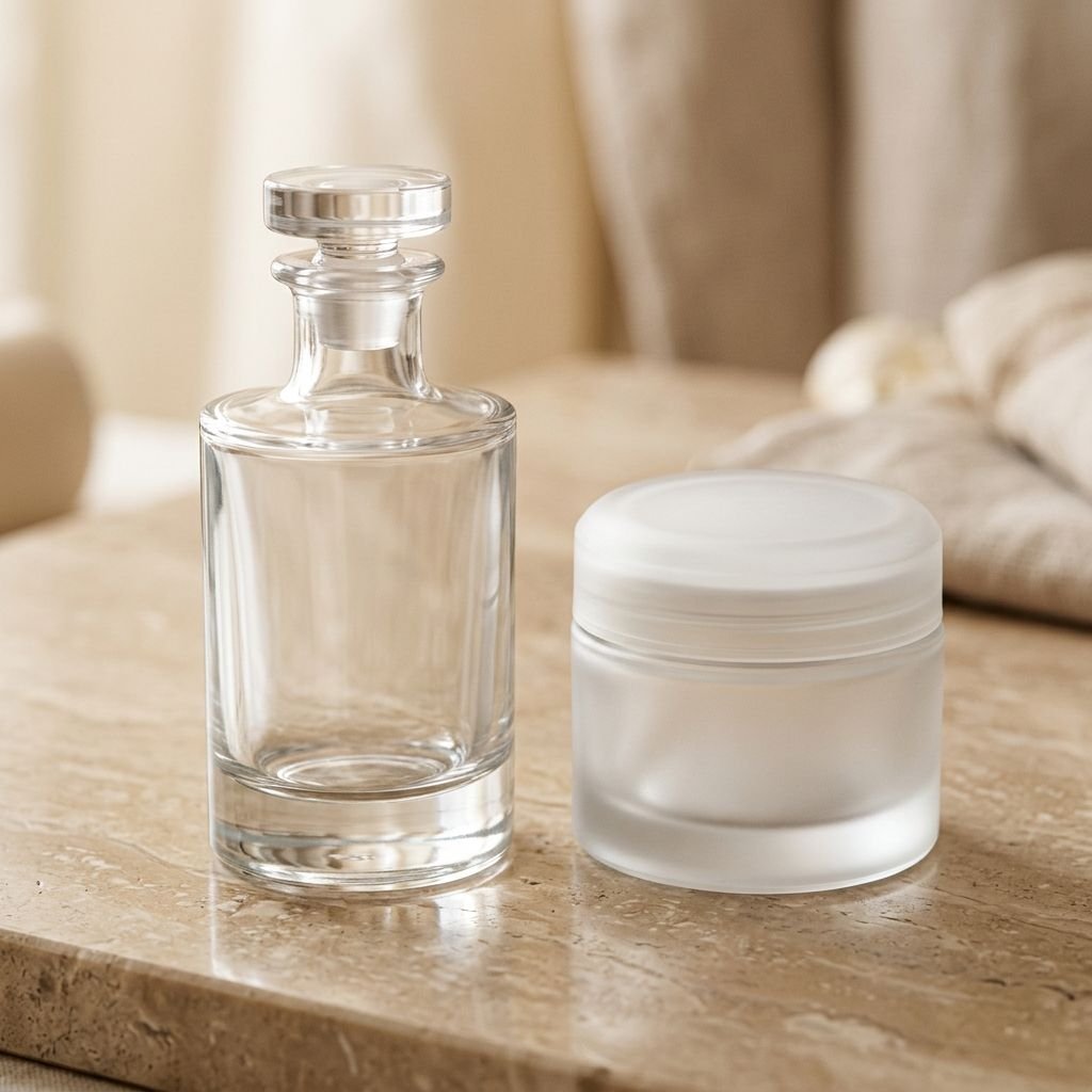 Clear glass bottle and frosted jar