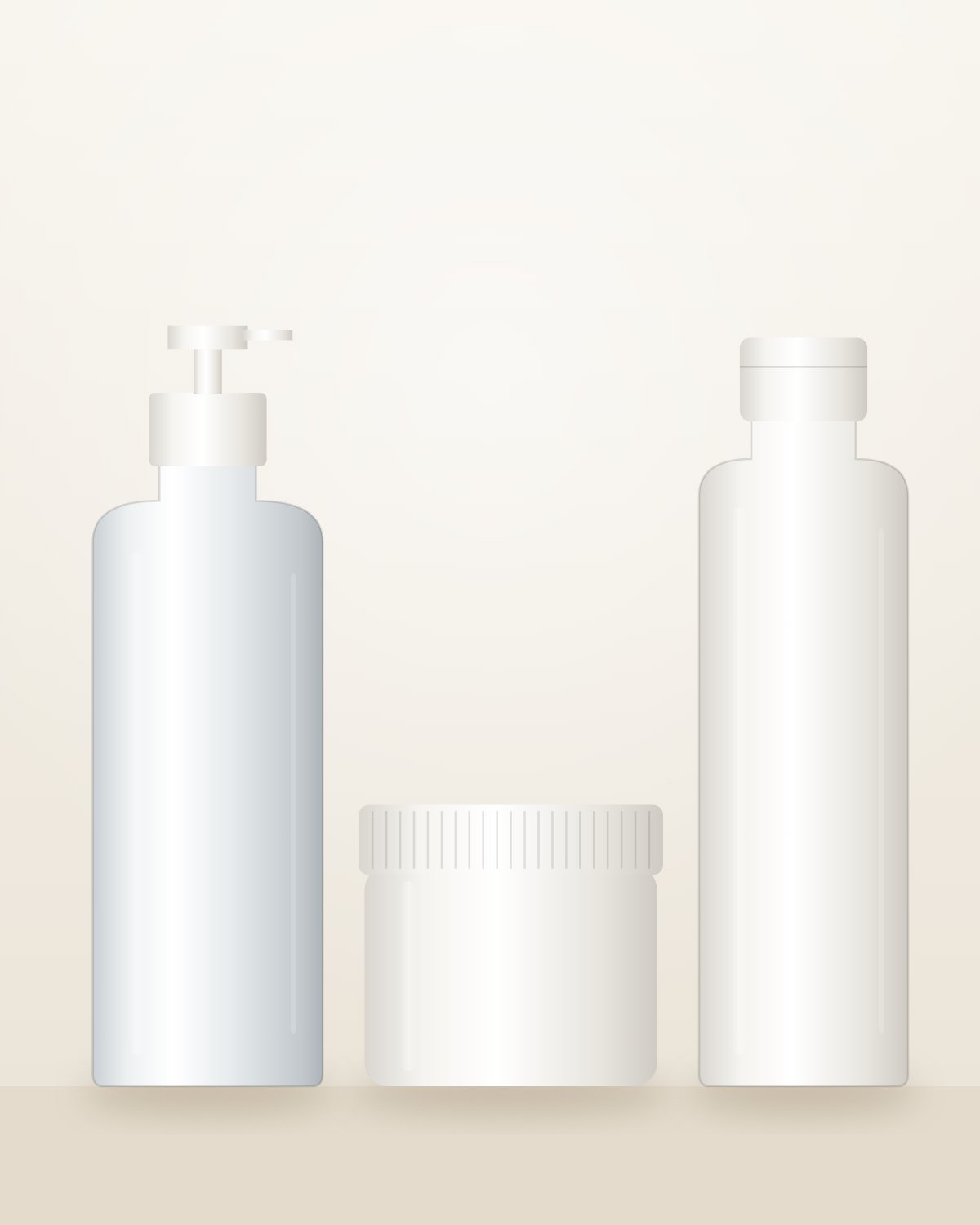 Clear PET pump bottle, white PP jar and plastic bottle