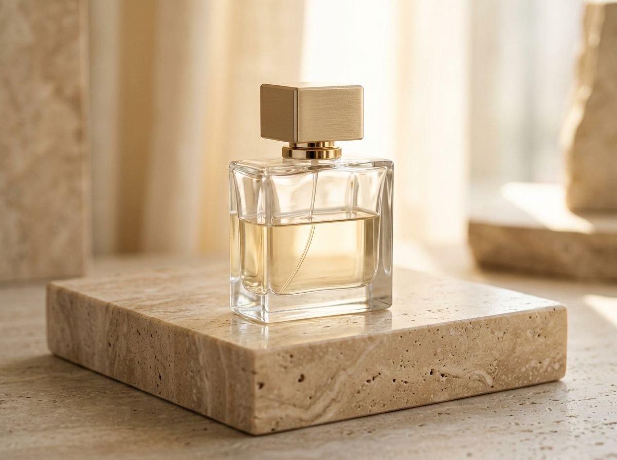 Heavy-base glass perfume bottle with gold cap on travertine