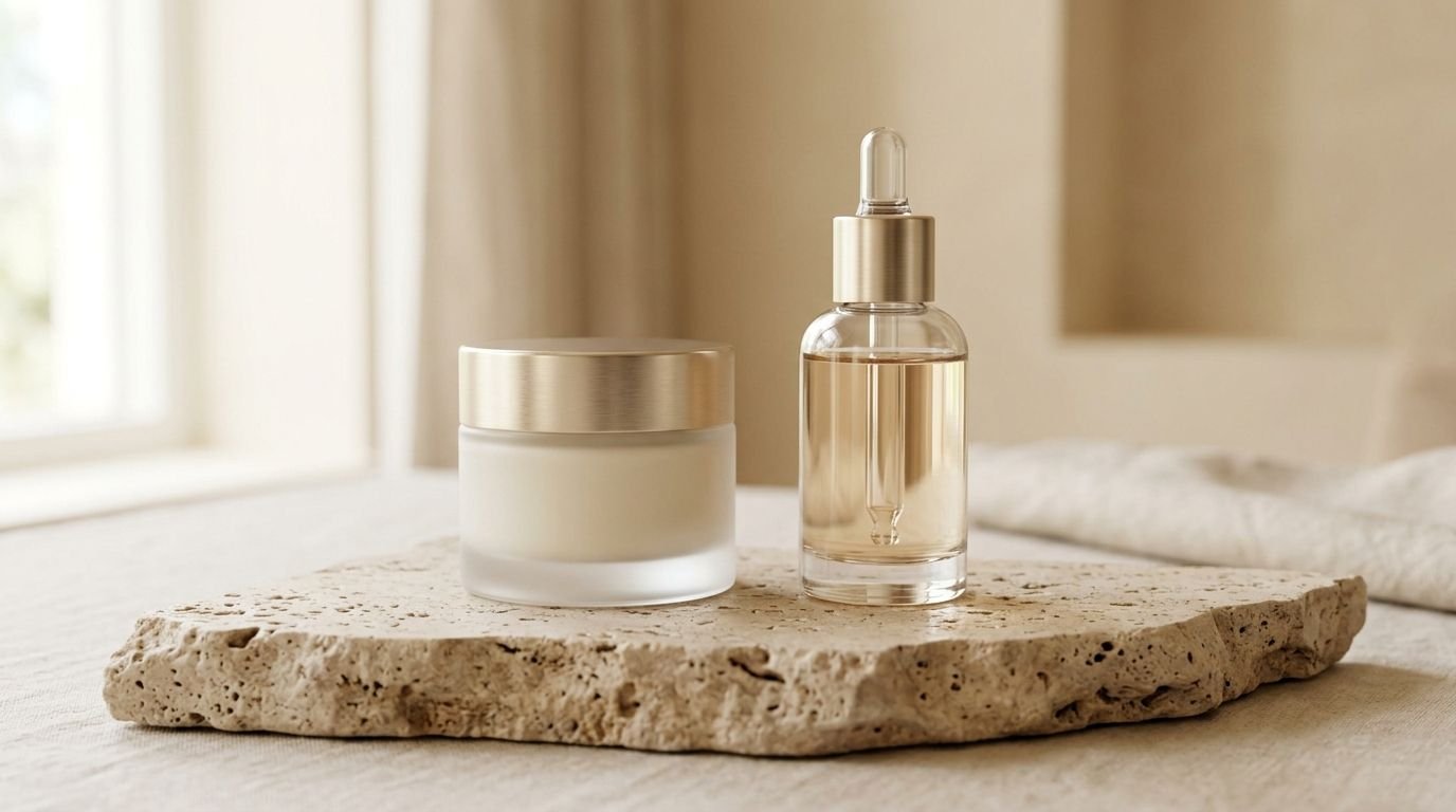Cream jar and serum bottle on a stone plinth